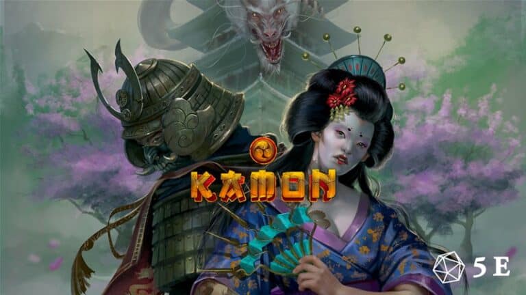 A fantastical scene unfolds with a warrior in ornate armor and a woman in traditional attire holding a blue fan. A ghostly dragon looms in the misty background. The text "KANON" and a 5E logo appear, hinting at an upcoming Japanese Fantasy RPG on Kickstarter.