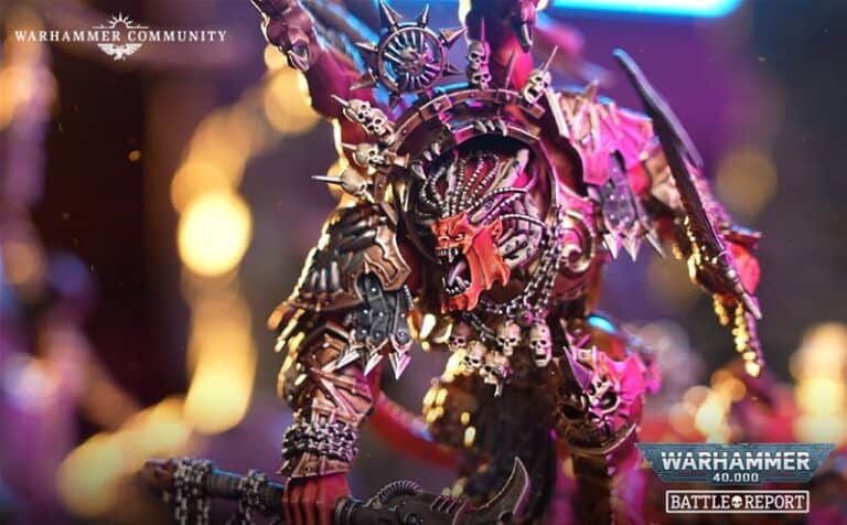 A detailed Warhammer 40,000 miniature figure, adorned in ornate, spiked armor with skull accents. It wields a large weapon and is illuminated by dramatic lighting, showcasing intricate craftsmanship worthy of an Epic Battle Report. Logo reads "Warhammer 40,000 Battle Report.