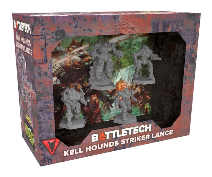 Box of "BattleTech Kell Hounds Striker Lance" featuring miniatures of three battle mechs. The rugged packaging showcases dynamic artwork of lances in action, capturing the thrill of the battlefield. Available now for pre-order!