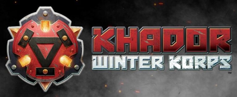 A striking logo features a red and metallic emblem with a bison-themed triangle and circle design on the left. The text "Khador Winter Korps" in bold, metallic letters stands proudly on the right against a dark, smoky background.
