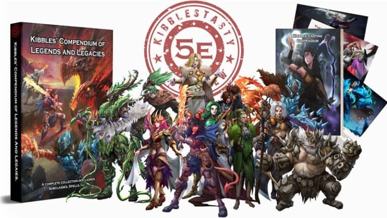 A collection of fantasy character illustrations, featuring knights, mages, and creatures, accompanies the RPG supplement "Kibbles' Compendium of Legends and Legacies," soon to launch on Kickstarter. The book's cover proudly displays the emblem "5E," surrounded by a vibrant array of art pieces.