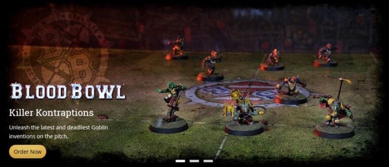 Tabletop game scene showcasing dynamic Goblin Blood Bowl figures on a meticulously crafted field. Text reads: "Killer Kontraptions. Unleash the latest and deadliest Goblin Team inventions from Forge World on the pitch." An inviting "Order Now" button is prominently displayed.
