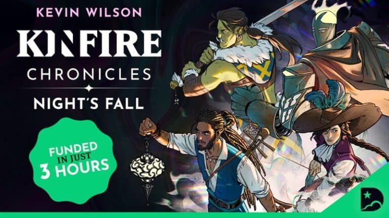 Illustration of four diverse fantasy characters, each holding unique weapons and sporting themed attire. The text reads "Kevin Wilson, Kinfire Chronicles: Night's Fall," showcasing the board game that impressively funded in just three hours.