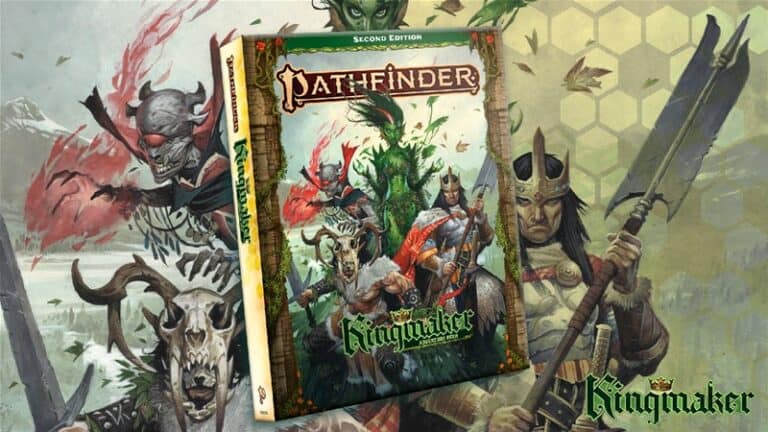 Cover image of the "Pathfinder: Kingmaker" game, inspired by the Kingmaker Adventure Path from Paizo. It features a knight, a druid, and other mythical figures in armor with weapons. The background shows an illustrated forest scene with various stylized creatures.