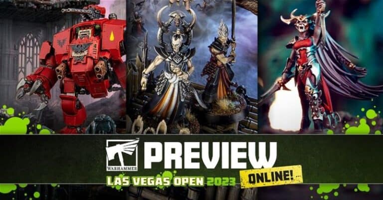 A promotional image for the LVO 2023, showcasing three detailed Warhammer miniatures from Games Workshop: a red armored mech, a robed figure with horns, and a skeletal warrior with a cape. Text reads "Preview" and "Online.