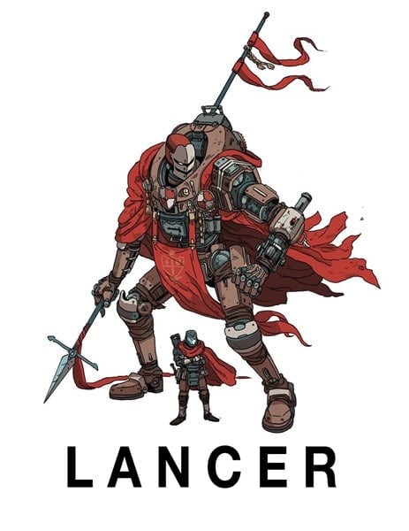 Illustration of a large, armored mech and its pilot, both in red capes, embodying the essence of Lancer RPG. The mech wields a lance, detailed with mechanical gears. The word "LANCER" boldly appears below them, reminiscent of a Kickstarter campaign that sparks imagination.