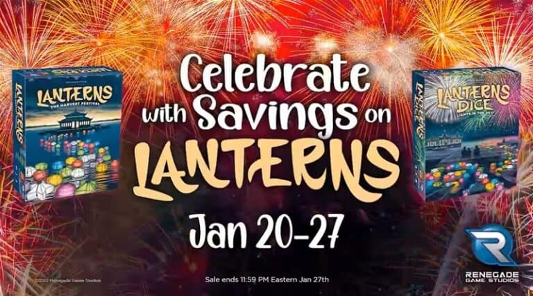Promotional image for a Lunar New Year's Sale on Lanterns board games. Features "Lanterns: The Harvest Festival" and "Lanterns Dice" with fireworks in the background. Text announces savings from January 20-27, with Renegade Game Studios logo.