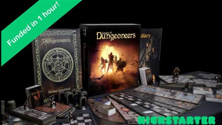 A tabletop setup for the Kickstarter sensation "League of Dungeoneers" showcases game boards, miniatures, and cards. The central box flaunts an adventurous silhouette design. A green banner in the top left proudly announces "Funded in 1 hour!" with the Kickstarter logo at the bottom right.