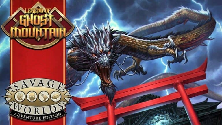 Cover art for the RPG campaign "Legend of Ghost Mountain" from Savage Worlds Adventure Edition, showcasing a fierce dragon with lightning streaking behind it. A red torii gate stands below, capturing the essence of an epic Kickstarter adventure.