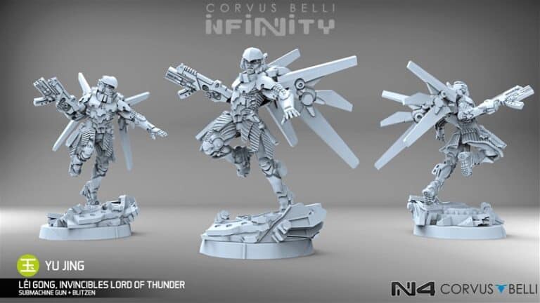 Three intricate Infinity Models of a futuristic armored figure with mechanical wings, wielding weapons from the Corvus Belli series. The character is "Lei Gong, Invincibles Lord of Thunder" from the Yu Jing faction.