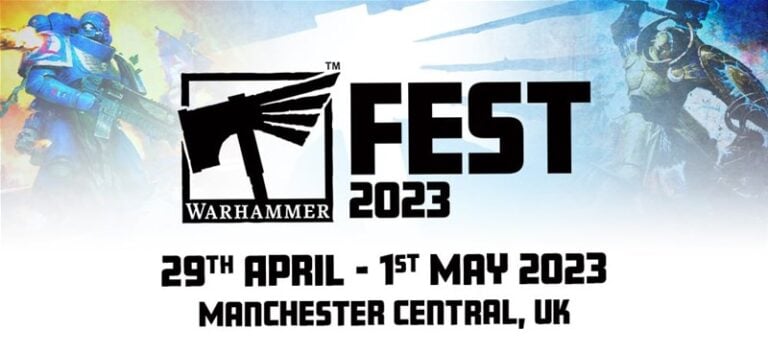 Promotional image for Warhammer Fest 2023 by Games Workshop, showcasing dynamic futuristic warrior illustrations flanking the text: "Warhammer Fest 2023, 29th April - 1st May, Manchester Central, UK.