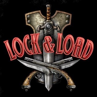 Bold red text reads "Lock & Load" over a backdrop featuring a medieval sword and shield with crossed pistols at the bottom, capturing the essence of Game Fest excitement. The design is set against a dark background.