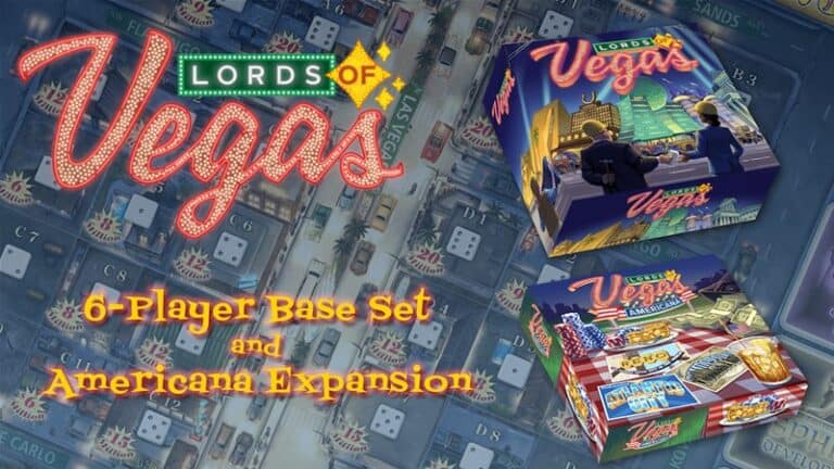Kickstarter promotional image showcasing the "Lords of Vegas" board game 6-Player Base Set and the "Americana Expansion." The background features a stylized map of Las Vegas with dice and casino imagery. The game's title is prominently displayed in bright, vintage-style lettering.