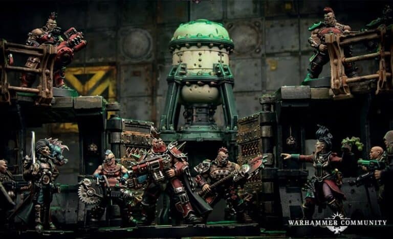 A dramatic scenario featuring intricately painted Warhammer miniatures in a sci-fi setting. Characters in armor, armed with weapons, are positioned on platforms around a central structure akin to Necromunda, with pipes and glowing elements. Atmospheric lighting enhances the scene.