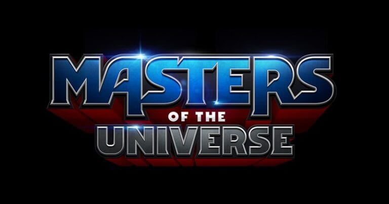 Logo featuring the text "Masters of the Universe" in blue and silver, with a red background and lens flare effects, capturing the essence of He-Man. The word "OF THE" is centered in smaller, white text, reminiscent of an epic board game adventure.