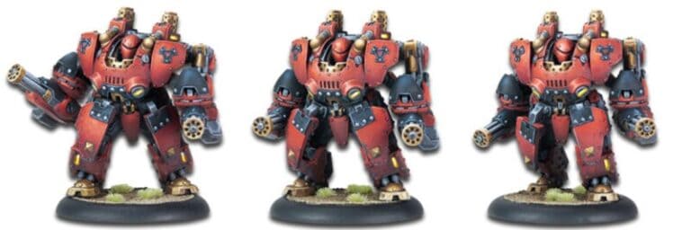 Three red and black armored figurines, resembling Privateer Press's Man-O-War Suppressors from Warmachine, stand on round bases. Each wears an elaborate suit with weapon attachments and detailed markings, boasting a futuristic and mechanical style.