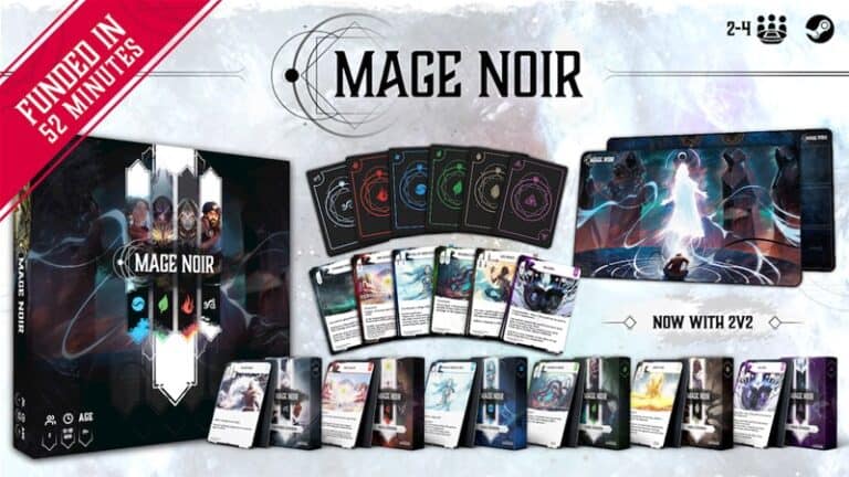 The Kickstarter-funded "Mage Noir" card game showcases enchanting box art and components, including decks rich with mystical symbols and illustrations. Remarkably funded in just 52 minutes, it supports 2 to 4 players and features an engaging 2v2 mode.