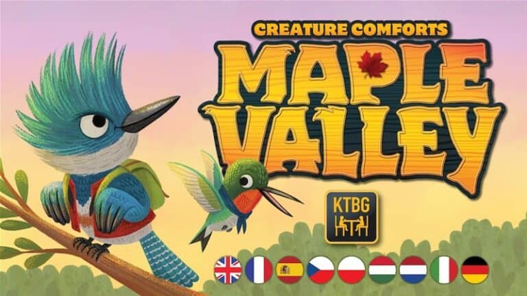 Illustration of two colorful birds, one blue and one green, perched on a branch with backpacks. Text reads "Creature Comforts Maple Valley," hinting at an exciting board game adventure. Flags of different countries flutter below, inviting backers to the Kickstarter journey.