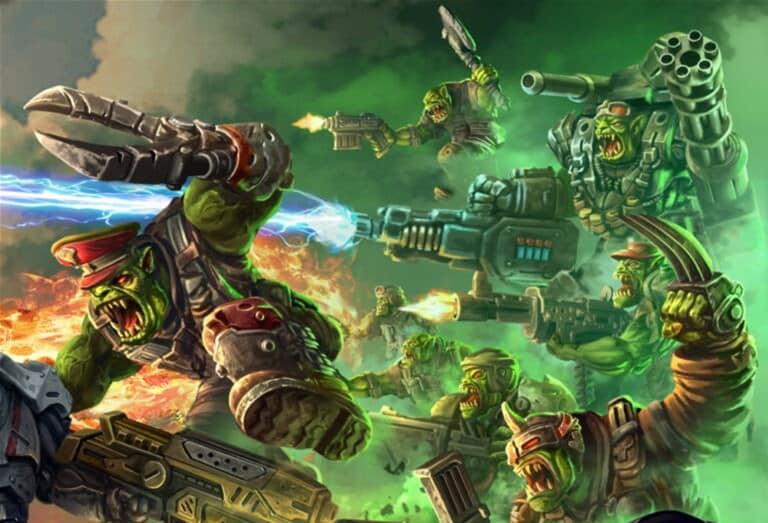 In the Warpath Universe of 2023, green-skinned, muscular orc-like creatures in battle armor wield futuristic weapons, including guns and blades. They advance through a smoky, fiery backdrop crafted by Mantic, with the scene filled with dynamic motion and intense energy.