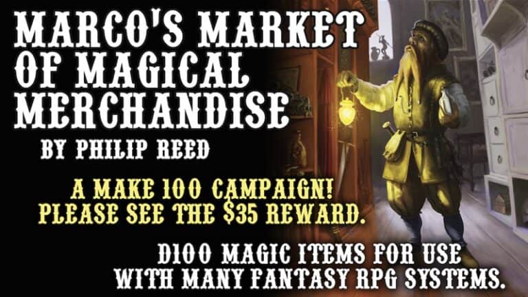 Illustration of a bearded fantasy character in a magic shop, holding a lantern. The text on the image promotes "Marco's Market of Magical Merchandise," highlighting a Kickstarter campaign offering 100 magical RPG supplement items.