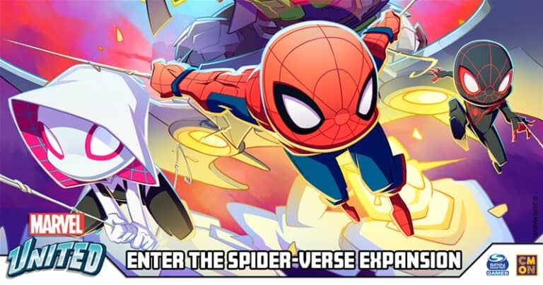 Comic-style artwork of Spider-Man, Spider-Gwen, and Spider-Man Noir swinging through a colorful cityscape. Text reads "Marvel United: Enter the Marvel United Expansion." Energetic and vibrant scene with dynamic poses in this thrilling Spider-Verse adventure.