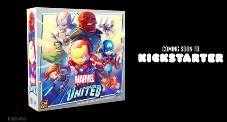 A box art image of the board game "Marvel United" by CMON showcases various Marvel superheroes. The text "Coming Soon to Kickstarter" is displayed on the right side.