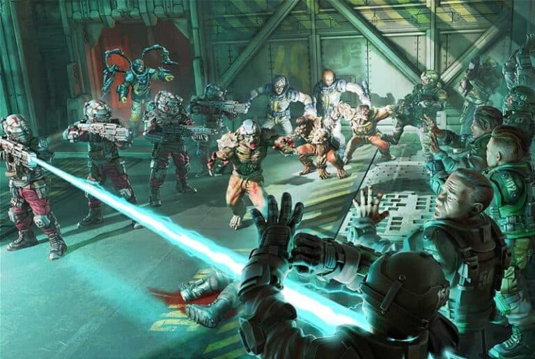 In a mantic sci-fi firefight, armored soldiers and robotic creatures exchange laser fire in an industrial setting. Green hues envelop the atmosphere as forces clash on a metallic platform, reminiscent of an experiment gone awry at Mazon Labs.