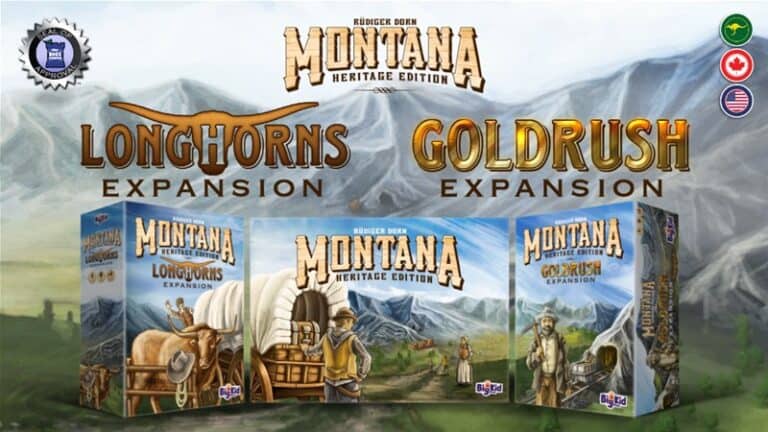 Discover the Heritage Edition of the Montana board game with its thrilling Longhorns and Goldrush expansions. Our eye-catching banner showcases Western-themed illustrations against a mountainous backdrop, complete with Kickstarter logos and award badges. A collector's dream!