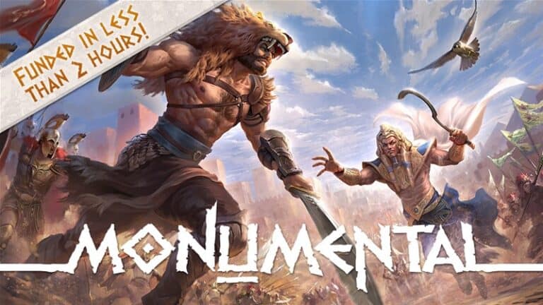 Illustration of two warriors in battle poses, one wearing a lion headdress and wielding weapons, the other in ancient armor. Birds fly overhead with a city backdrop. Banner reads "FUNDED IN LESS THAN 2 HOURS!" at the top left, celebrating Funforge's Kickstarter triumph for Monumental Board Game.