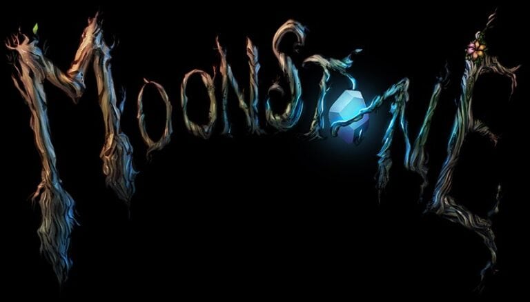 The word "Moonstone" is artfully crafted with intertwining branches, featuring a glowing blue stone as the "o" and a delicate flower atop the "e," set against a dark background. This enchanting design hints at its March release by Goblin King Games.