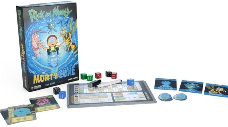 Dive into the Morty Zone with this Rick and Morty-themed board game, featuring various dice, player cards, hexagonal tokens, a scorecard with a pen, and game pieces all artistically displayed on a white surface.