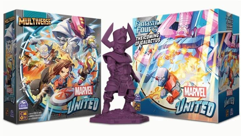 Two Marvel United game boxes, "Multiverse Expansion" and "Fantastic Four: The Coming of Galactus," are displayed. A large purple figure stands between them, showcasing dynamic comic-style artwork. These Kickstarter editions bring your favorite Marvel characters to life on the tabletop.