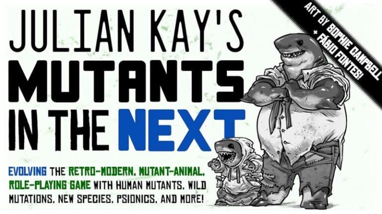 Illustration of two anthropomorphic sharks in casual clothing. Text reads: "Julian Kay's Mutants in the Next" with RPG expansion details about a role-playing game featuring human mutants, wild mutations, and new species. Launching soon on Kickstarter. Art by Sophie Campbell & Fabio Fontes.