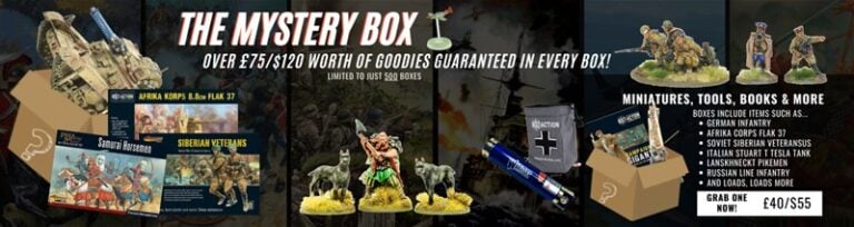 Banner for "The Mystery Box" from Warlord Games, announcing incredible deals worth over £75/$120 per box. Discover miniature figures like German Infantry and Soviet Sherdan vehicles, typically priced at £40/$55, all part of the ultimate Mystery Box Deal.