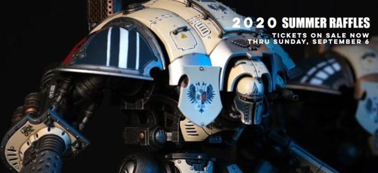A close-up of a detailed robot model with intricate armor, gears, and markings. Text reads "2020 Summer Raffles" with ticket details for sale until Sunday, September 6, benefitting the NOVA Charitable Foundation.