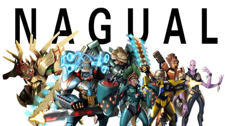 A lineup of six futuristic, armored characters with various weapons and designs stand under the bold text "NAGUAL." Inspired by Meso-American themes, each character features unique elements like glowing blue accents, energy swords, and intricate masks, reminiscent of a dynamic robot RPG.