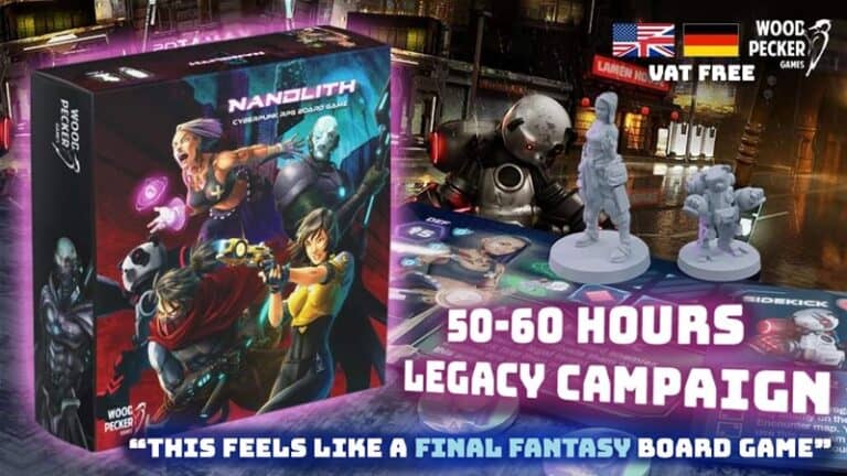 The box art of "Nanolith" captures the essence of a cyberpunk board game, featuring dynamic characters. Highlighted is a "50-60 hours legacy campaign," likened to a "Final Fantasy board game." Miniatures and components set the scene, with UK and Germany flags emphasizing it's "VAT Free." Ideal for Kickstarter backers.