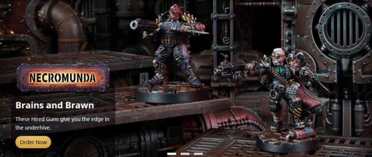 Tabletop miniatures from Forge World's Necromunda are set in an industrial backdrop. Two characters in detailed armor, one with a red mohawk and the other wielding a staff, stand ready for action. Text reads, "Necromunda: Brains and Brawn. Order Now.