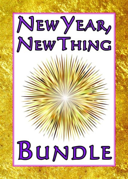A poster with a gold textured background showcases a starburst design in the center. The text above and below reads: "New Year, New Thing" at the top and "Skirmisher Publishing Bundle" at the bottom, in purple and black font.