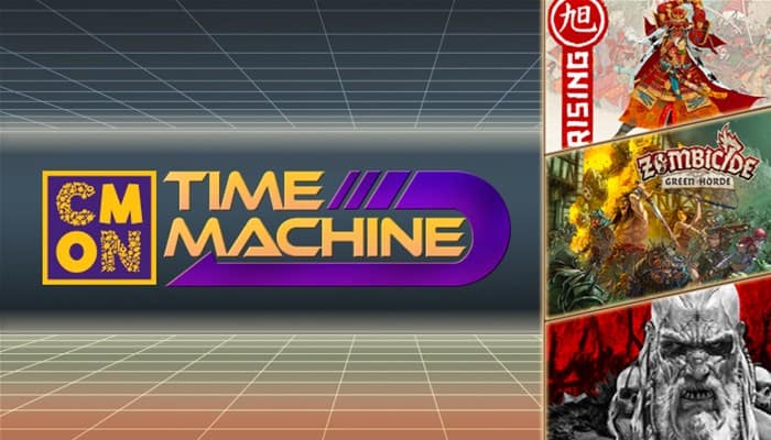 CMON's Kickstarter promotional image showcases a futuristic grid background, with "CMON Time Machine" boldly displayed on the left. On the right, you'll find partial covers of board games like "Rising Sun" and "Zombicide: Green Horde," promising an exciting journey into gaming's past and future.