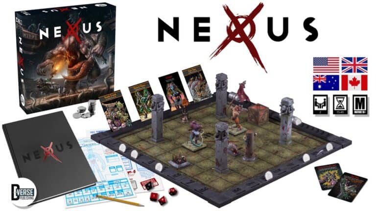 The "Nexus" board game set, perfect for Kickstarter backers, includes a detailed board with miniatures, cards, dice, and character sheets. The setup boasts intricate figures and pillar structures. Various international and gaming compatibility symbols enhance its global appeal.