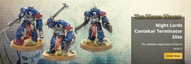 Miniature figures of blue-armored Night Lords Catekar Terminator Elite from The Horus Heresy game, crafted with impeccable detail by Forge World. Posed on a textured surface with weapons, they are accompanied by text promoting their tactical use in your next 40k strategy.