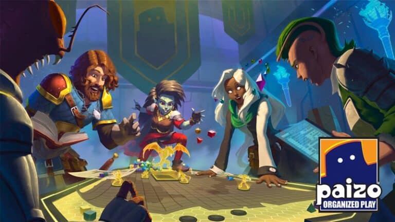 A group of diverse adventurers passionately engage in a thrilling Pathfinder tabletop role-playing game, surrounded by maps, dice, and game pieces. The dynamic scene unfolds in a futuristic setting, marked by the quests they embark upon. A "Paizo Organized Play" logo is in the corner.