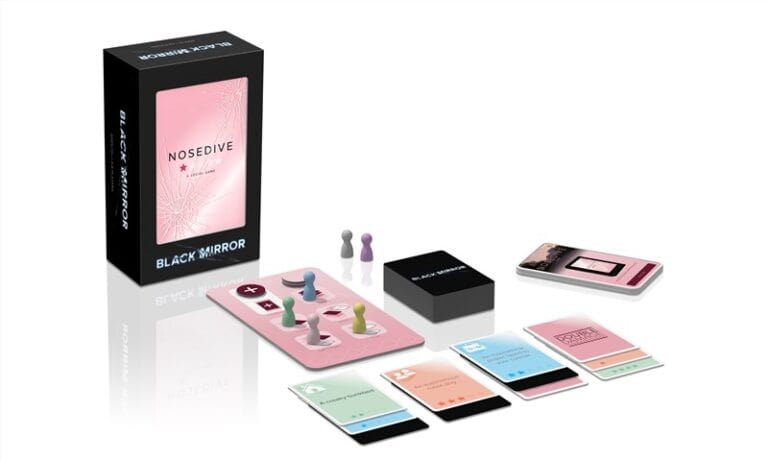 The "Nosedive" board game set, presented by Asmodee, includes a box adorned with the "Black Mirror" logo, along with cards and game pieces neatly arranged. Its sleek design features pastel colors and a tech-themed aesthetic, capturing the essence of the Nosedive Card Game.