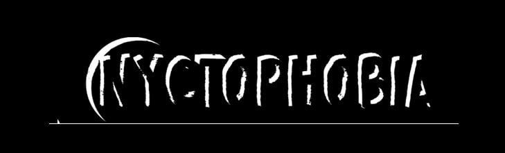 The word "NYCTOPHOBIA" is styled in white, jagged letters against a black background, with a crescent moon forming part of the letter "N," announcing the thrilling Pandasaurus Nyctophobia Board Game.
