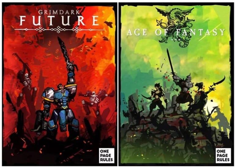 Two book covers are displayed. On the left, "Grimdark Future" from One Page Rules features a figure in blue armor on a shadowy red background. On the right, "Age of Fantasy" depicts warriors battling under a green dragon emblem. Both rulebooks are recently posted for fans to explore.