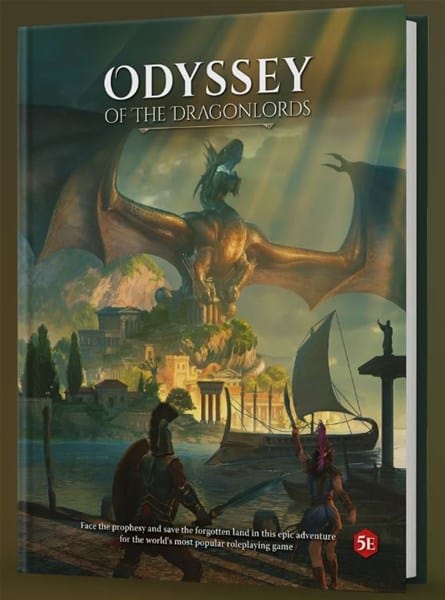 Odyssey of the Dragonlords" for 5th Edition captivates with its cover, showcasing a mighty dragon atop a statue, surveying a coastal city. In the foreground, two adventurers by boats gaze at the dragon. Fans eagerly await print versions from Modiphius to bring this epic vision to life.