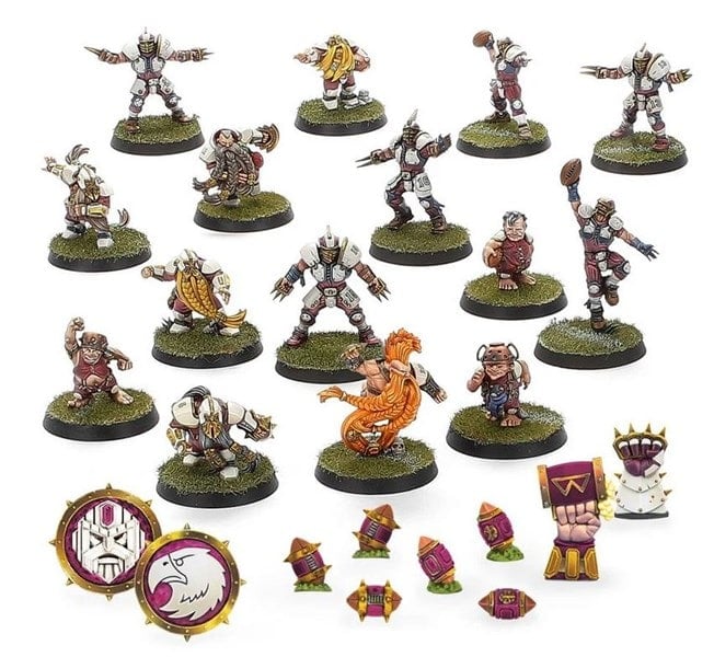 Discover a captivating collection of miniature fantasy football characters and accessories. These dynamic figures, reminiscent of Games Workshop’s renowned Blood Bowl Teams, are adorned in armor, clutching footballs with helmets and podiums on small grassy bases. Place your order today!