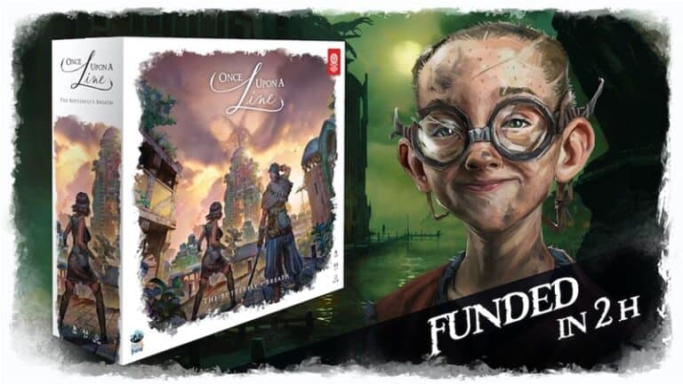 A board game box featuring an illustrated scene with two characters set in a fantastical city. To the right, a person with large round glasses smiles, their expression as enchanting as Butterfly's Breath. A banner below states "Funded in 2H." The overall vibe is whimsical and adventurous.