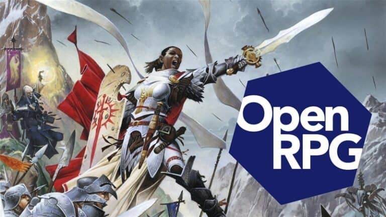Amid a chaotic battlefield, a warrior in gleaming armor raises their sword triumphantly, surrounded by soldiers and fluttering flags. The words "Open RPG" boldly overlay the scene, capturing the essence of this epic struggle shaped by creativity and strategy.